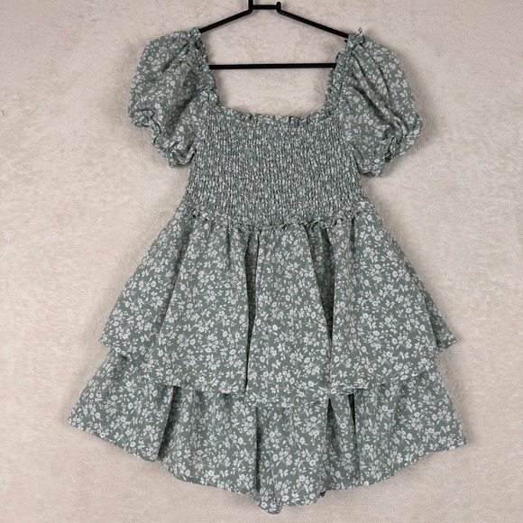Altar'd State Kelly Floral Romper Green Smocked Tiered Ruffle Size M - Picture 9 of 12